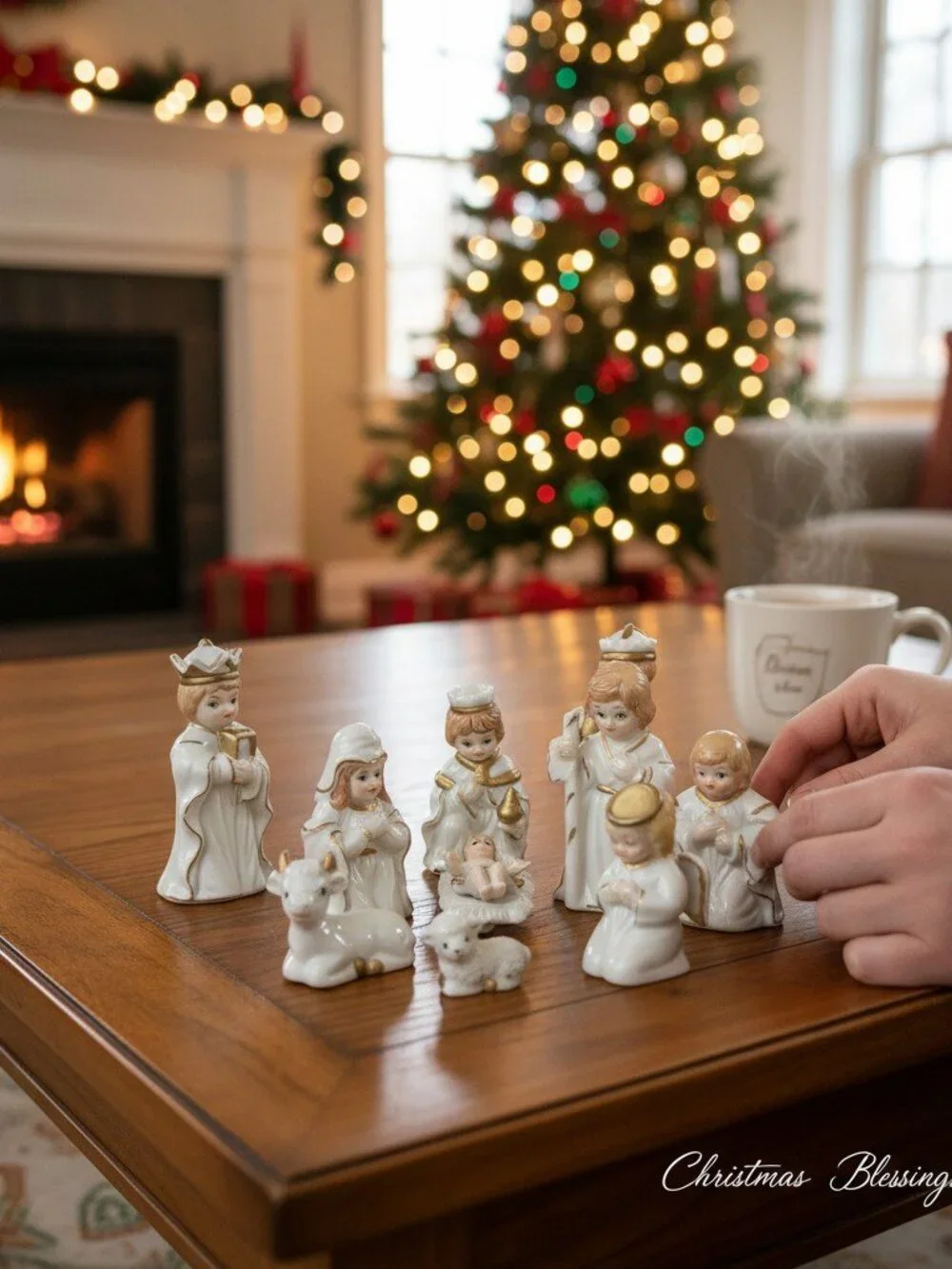 Vintage JAPAN Porcelain Nativity Set 9 pc Hand Painted White & Gold 1990's